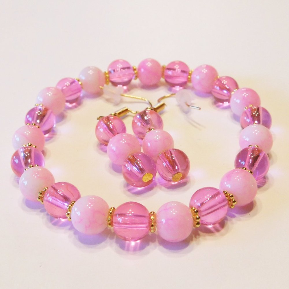Handmade Pink Glass Beaded Stretch Bracelet  & Matching Earrings - 7.5"